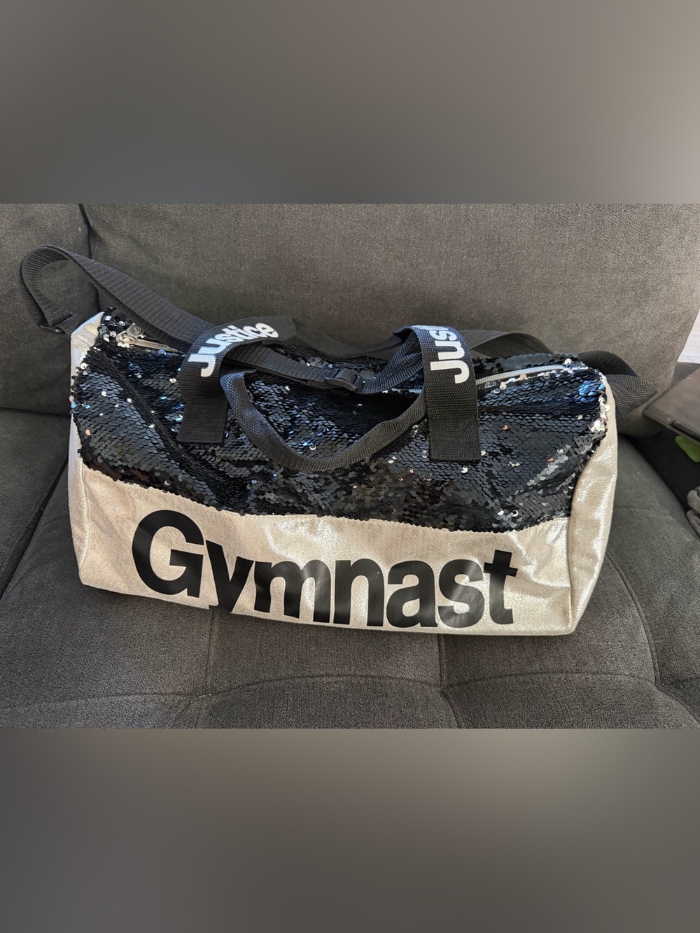 Justice Black two-sided Sequin and Silver 'Gymnast' Duffle Bag